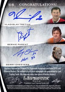 Leaf Ultimate Six Signatures Back Vladisav Tretiak, Bernie Parent, Gerry Cheevers