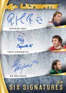 Leaf Ultimate Six Signatures Front Patrick Roy, Tony Esposito, Ed Belfour