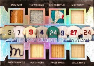 The Superlative 16 Relics Front Babe Ruth, Mickey Mantle, Ted Williams, Duke Snider, Ken Griffey Jr., Roger Maris, Mike Trout, Willie Mays