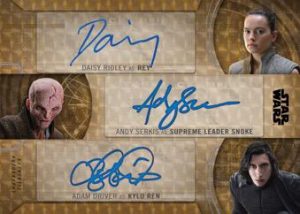 Triple Auto SuperFractor Daisy Ridley as Rey, Adam Driver as Kylo Ren, & Andy Serk as Supreme Leader Snokes
