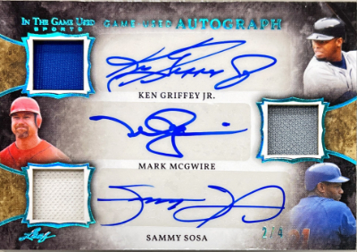 In the Game Used Triple Auto Platinum Blue Ken Griffey Jr, Mark McGwire, Sammy Sosa