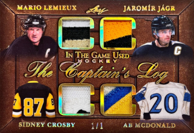 The Captain's Log Relics Gold Mario Lemieux, Jaromir Jagr, Sidney Crosby, Ab McDonald The Captain's Log Relics Gold Mario Lemieux, Jaromir Jagr, Sidney Crosby, Ab McDonald
