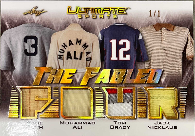The Fabled Four Relics Gold Spectrum Holofoil Babe Ruth, Muhammad Ali, Tom Brady, Jack Nicklaus