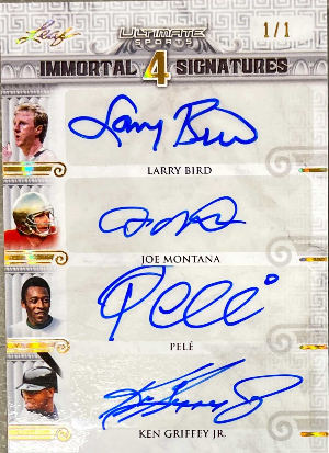 The Immortal 4 Signatures Gold Spectrum Holofoil Larry Bird, Joe Montana, Pele, Ken Griffey Jr