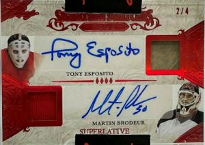 Signature Swatch 4 Red HoloFoil Front Tony Esposito, Martin Brodeur, Bernie Parent, Gerry Cheevers