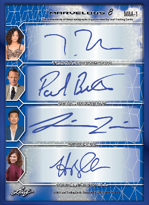 Marvelous 8 Auto Blue Back Samuel L. Jackson, Elizabeth Olsen, Chris Pratt, Josh Brolin, Tessa Thompson, Paul Bettany, Simu Liu, Hayley Atwell MOCK UP Marvelous 8 Auto Blue Back Samuel L. Jackson, Elizabeth Olsen, Chris Pratt, Josh Brolin, Tessa Thompson, Paul Bettany, Simu Liu, Hayley Atwell MOCK UP