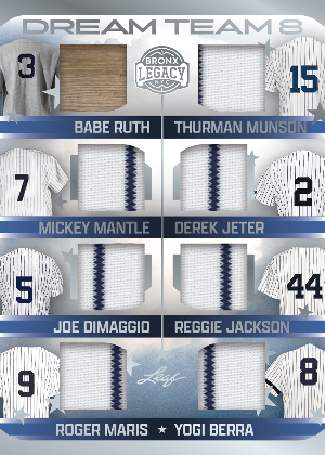 Dream Team 8 Relics Babe Ruth, Thurman Munson, Mickey Mantle, Derek Jeterm Joe DiMaggio, Reggie Jackson, Roger Maris, Yogi Berra MOCK UP