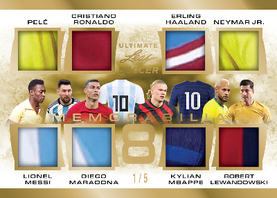 Ultimate Eight Memorabilia Gold Spectrum Pelé, Lionel Messi, Cristiano Ronaldo, Diego Maradona, Erling Haaland, Kylian Mbappe, Neymar Jr., Robert Lewandowski MOCK UP