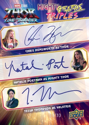 Mighty Graphs Triples Auto Chris Hemsworth as Thor, Natalie Portman as Mighty Thor, Tessa Thompson as Valkyrie MOCK UP