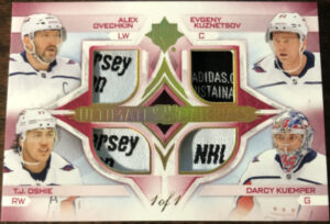 Ultimate Quad Materials Gold Spectrum Tag Alex Ovechkin, TJ Oshie, Evgeny Kuznetsov, Darcy Kuemper