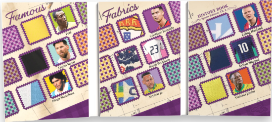 Famous Fabrics Pelé, Lionel Messi, Diego Maradona, Cristiano Ronaldo, David Beckham, Neymar Jr, Erling Haaland, Kylian Mbappe, Vincius Junior MOCK UP