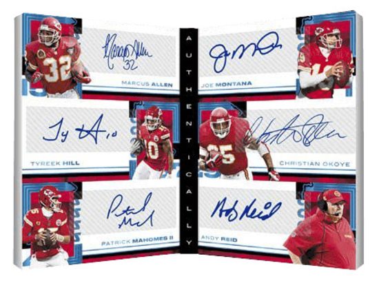 2025 Panini Authentically Mahomes 6x Auto Booklet Andy Reid, Marcus Allen, Christian Okoye, Patrick Mahomes II, Tyreek Hill, Joe Montana MOCK UP