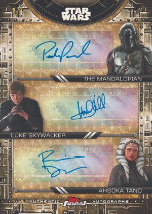 2025 Topps Star Wars Smugglers Outpost Trio Auto SuperFractor Pedro Pascal as The Mandalorian, Rosario Dawson as Ahsoka Tano, Mark Hamill as Luke Skywalker MOCK UP