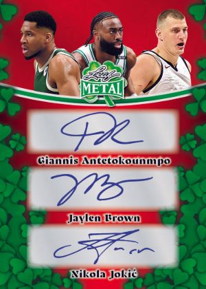 2026 Leaf Metal St Patricks Day Triple Auto Giannis Antetokounmpo, Jaylen Brown, Nikola Jokic MOCK UP