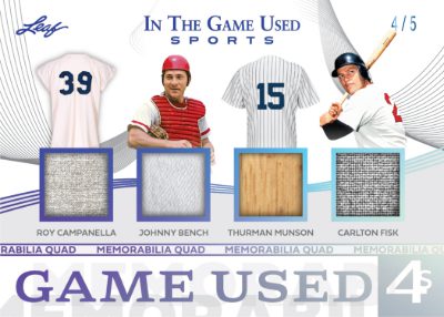 2025 Leaf In The Game Used Sports Game-Used Memorabilia Quads Roy Campanella, Johnny Bench, Thurman Munson, Carlton Fisk MOCK UP 2025 Leaf In The Game Used Sports Game-Used Memorabilia Quads Roy Campanella, Johnny Bench, Thurman Munson, Carlton Fisk MOCK UP