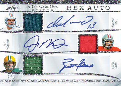 2025 Leaf In The Game Used Sports In The Game Used Auto Hex Front Dan Marino, Joe Montana, Brett Favre MOCK UP 2025 Leaf In The Game Used Sports In The Game Used Auto Hex Front Dan Marino, Joe Montana, Brett Favre MOCK UP