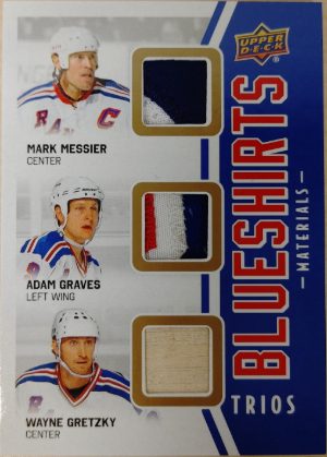 2025-26 Upper Deck New York Rangers Centennial Blueshirts Materials Triple Mark Messier, Adam Graves, Wayne Gretzky MOCK UP
