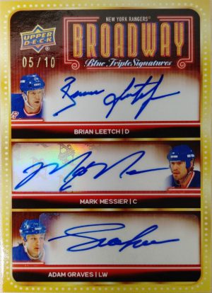 2025-26 Upper Deck New York Rangers Centennial Broadway Blue Triple Signatures Brian Leetch, Mark Messier, Adam Graves