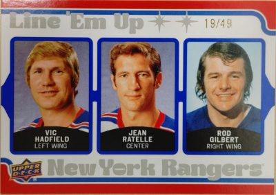 2025-26 Upper Deck New York Rangers Centennial Line Em Up Vic Hadfield, Jean Ratelle, Rod Gilbert