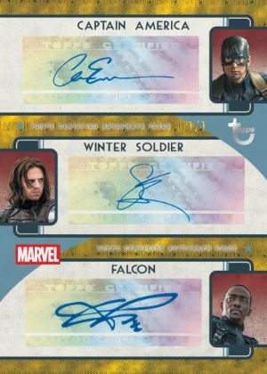 2026 Topps Brooklyn Collection Captain America 85th Anniversary MCU Triple Auto FoilFractor Chris Evans as Captain America, Anthony Mackie as Falcon, Sebastian Stan as Winter Soldier MOCK UP