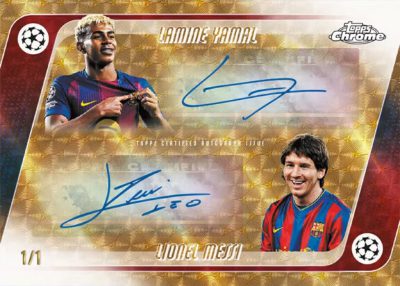 2025-26 Topps Chrome UEFA Club Competitions Soccer Dual Auto SuperFractor Lamine Yamal, Lionel Messi MOCK UP