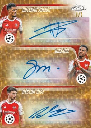 2025-26 Topps Chrome UEFA Club Competitions Soccer Triple Auto SuperFractor William Saliba, Gabriel, Declan Rice MOCK UP