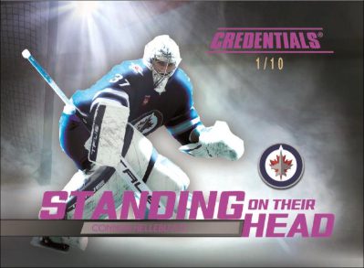 2025-26 Upper Deck Credentials Hockey Standing on Their Head Purple Connor Hellebuyck MOCK UP