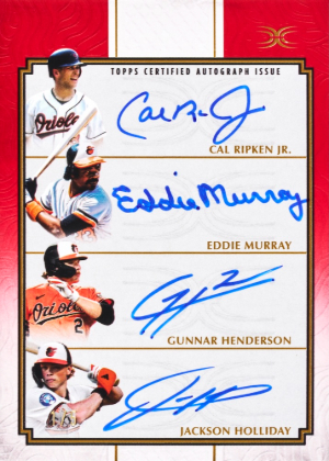 2025 Topps Definitive Collection Baseball Quad Auto Red Cal Ripken Jr, Eddie Murray, Gunnar Henderson, Jackson Holliday MOCK UP