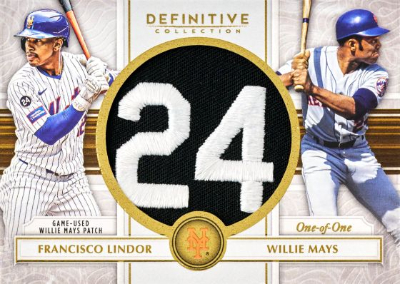 2025 Topps Definitive Collection Baseball Willie Mays Commemortive Patch Francisco Lindor, Willie Mays MOCK UP