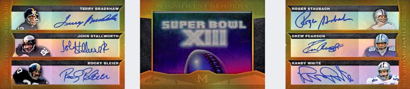 2026 Leaf Magnificence Multi-Sport Memories 6 Terry Bradshaw, John Stallworth, Rocky Bleier, Roger Staubach, Drew Pearson, Randy White MOCK UP