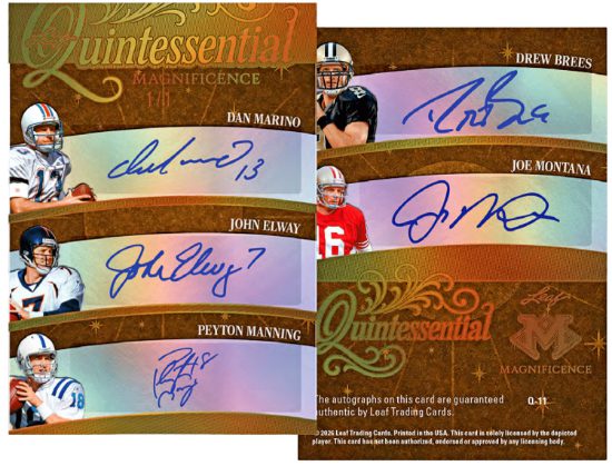 2026 Leaf Magnificence Multi-Sport Quintessential Dan Marino, John Elway, Peyton Manning, Drew Brees, Joe Montana MOCK UP