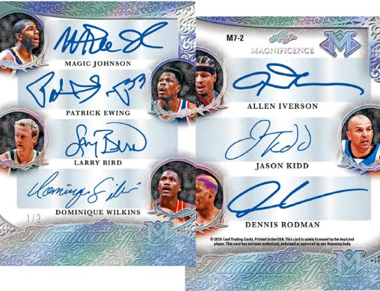 2026 Leaf Magnificence Multi-Sport The Magnificent 7 Magic Johnson, Patrick Ewing, Larry Bird, Dominique Wilkins, Allen Iverson, Jason Kidd, Dennis Rodman MOCK UP