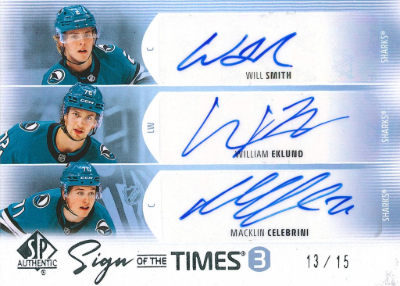 2025-26 SP Authentic Hockey Sign of the Times 3 Will Smith, William Eklund, Macklin Celebrini 2025-26 SP Authentic Hockey Sign of the Times 3 Will Smith, William Eklund, Macklin Celebrini