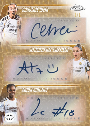 2025-26 Topps Chrome UEFA Womens Champions League Triple Auto SuperFractor Caroline Weir, Athena Del Castillo, Linda Caicedo MOCK UP