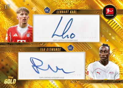 2025-26 Topps Gold Bundesliga Soccer Dual Auto Gold Lennart Karl, Yan Diomande MOCK UP