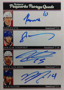 2025-26 Upper Deck Parkhurst Hockey Penworks Pairings Quads Jake Evans, Juraj Slafkovsky, Alex Newhook, Nick Suzuki