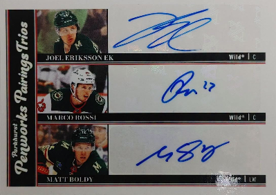 2025-26 Upper Deck Parkhurst Hockey Penworks Pairings Trio Joel Eriksson Ek, Marco Rossi, Matt Boldy 2025-26 Upper Deck Parkhurst Hockey Penworks Pairings Trio Joel Eriksson Ek, Marco Rossi, Matt Boldy