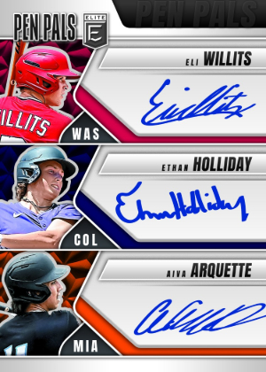 2026 Donruss Elite Baseball Pen Pals Triples Auto Eli Willits, Ethan Holliday, Aiva Arquette MOCK UP