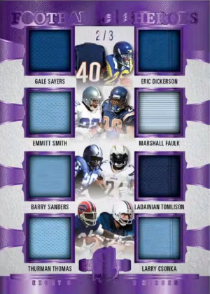 2026 Leaf Spectacular Football Football Heroes Gale Sayers, Emmitt Smith, Barry Sanders, Thurman Thomas, Eric Dickerson, Marshall Faulk, LaDainian Tomlinson, Larry Csonka MOCK UP