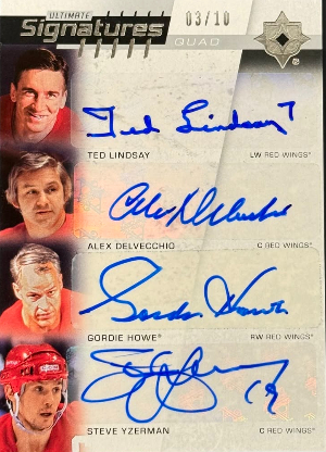 2025-26 Upper Deck Ultimate Collection Hockey Ultimate Quad Sigs Ted Lindsay, Alex Delvecchio, Gordie Howe, Steve Yzerman 2025-26 Upper Deck Ultimate Collection Hockey Ultimate Quad Sigs Ted Lindsay, Alex Delvecchio, Gordie Howe, Steve Yzerman