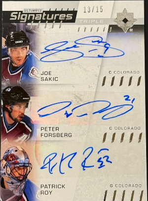 2025-26 Upper Deck Ultimate Collection Hockey Ultimate Triple Sigs Joe Sakic, Peter Forsberg, Patrick Roy 2025-26 Upper Deck Ultimate Collection Hockey Ultimate Triple Sigs Joe Sakic, Peter Forsberg, Patrick Roy