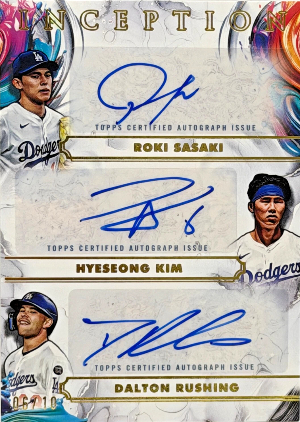 2025 Topps Inception Baseball Inception Triple Auto Roki Sasaki, Hyeseong Kim, Dalton Rushing 2025 Topps Inception Baseball Inception Triple Auto Roki Sasaki, Hyeseong Kim, Dalton Rushing