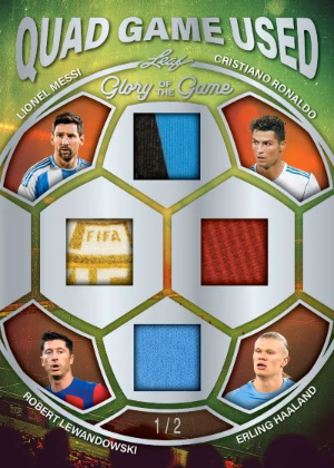 2026 Leaf Glory of the Game Soccer Quad Game-Used Relics Lionel Messi, Cristiano Ronaldo, Robert Lewandowski, Erling Haaland MOCK UP 2026 Leaf Glory of the Game Soccer Quad Game-Used Relics Lionel Messi, Cristiano Ronaldo, Robert Lewandowski, Erling Haaland MOCK UP