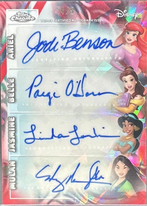 2026 Topps Chrome Sapphire Disney Quad Auto Red Sapphire Jodi Benson as Ariel, Paige OHara as Belle, Linda Larkin as Jasmine, Ming-Na Wen as Mulan 2026 Topps Chrome Sapphire Disney Quad Auto Red Sapphire Jodi Benson as Ariel, Paige OHara as Belle, Linda Larkin as Jasmine, Ming-Na Wen as Mulan