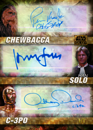 2026 Topps Star Wars Galaxy Chrome Triple Auto SuperFractor Peter Mayhew as Chewbacca, Anthony Daniels as C-3PO, Harrison Ford as Han Solo MOCK UP