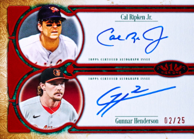 2026 Topps Tier One Baseball Dual Auto Red Foil Cal Ripken Jr, Gunnar Henderson MOCK UP