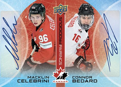 2026 Upper Deck Team Canada Hockey Prodigious Pairings Red Auto Macklin Celebrini, Connor Bedard MOCK UP
