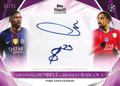 2025-26 Topps Winners Collection Paris Saint Germain Soccer Base Dual Auto Purple Ousmane Dembele, Bradley Barcola MOCK UP 2025-26 Topps Winners Collection Paris Saint Germain Soccer Base Dual Auto Purple Ousmane Dembele, Bradley Barcola MOCK UP