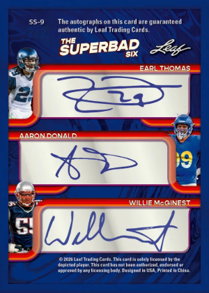 2026 Leaf Decadence MultiSport The Superbad Six Auto Back Earl Thomas, Asron Donald, Willie McGinest MOCK UP 2026 Leaf Decadence MultiSport The Superbad Six Auto Back Earl Thomas, Asron Donald, Willie McGinest MOCK UP