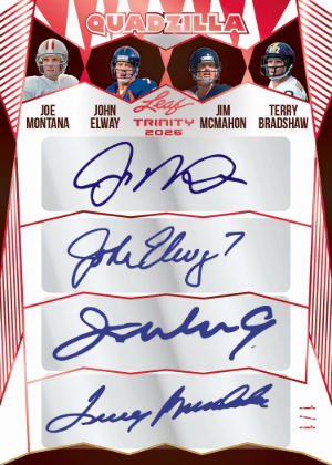 2026 Leaf Trinity Football Quadzilla Auto Joe Montana, John Elway, Jim McMahon, Terry Bradshaw MOCK UP 2026 Leaf Trinity Football Quadzilla Auto Joe Montana, John Elway, Jim McMahon, Terry Bradshaw MOCK UP